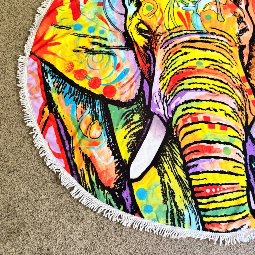 Uncle Jerry's T's Dean Russo Pop Art Elephant Round Fringe Beach Towel 60